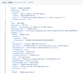 An example of an SBOM in the machine-readable format SPDX